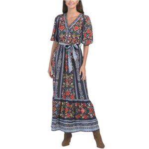 CELINA MOON Short Sleeve Floral Maxi Dress With Belt
